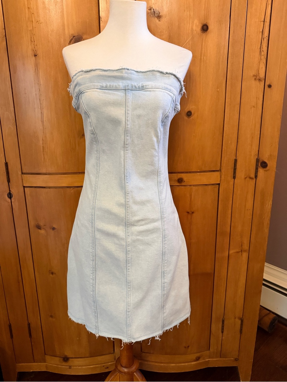 Good American Strapless Light Wash Denim Stretch Mini Dress